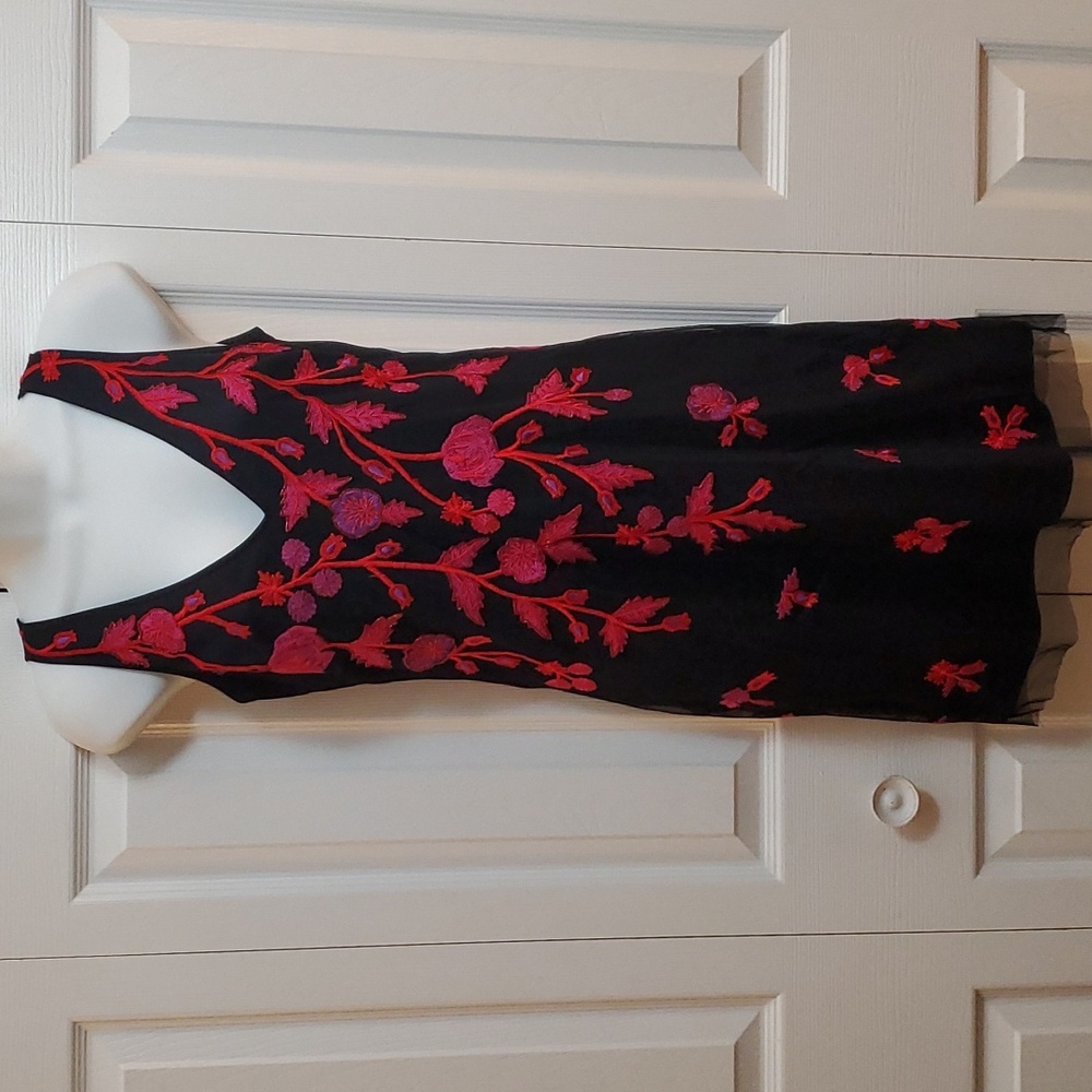 Aidan Mattox | Black Tulle Dress with Red, Fuschia and Purple Embroidery Sz 6